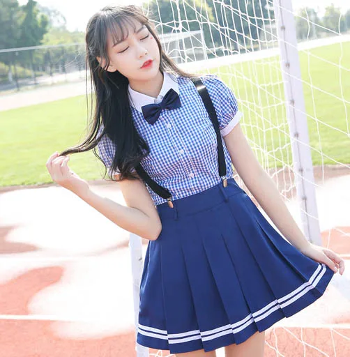 

Korean New Fashion Plaid Blouse School Girl Uniform Suspender Skirt Autumn Japanese Vintage Slim College Strap Pleated Skirts