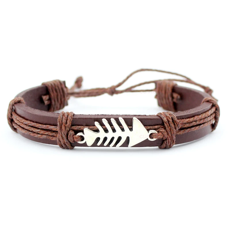 

Fish Bone Dogs Paw Turtle Tortoise Scissors Skull Crown Arrow Mask Dragon Charm Brown Wax Leather Bracelets Women Men Jewelry