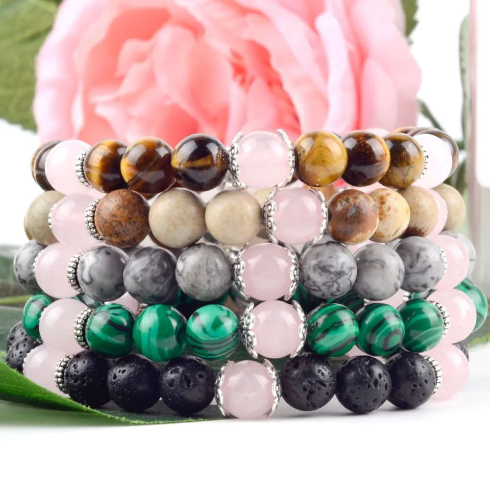 

Silver Roses quartz Stone Beaded Bracelets Charm Bangles For Women Men Pulseira Feminina Bileklik Elastic Braclet Bijoux