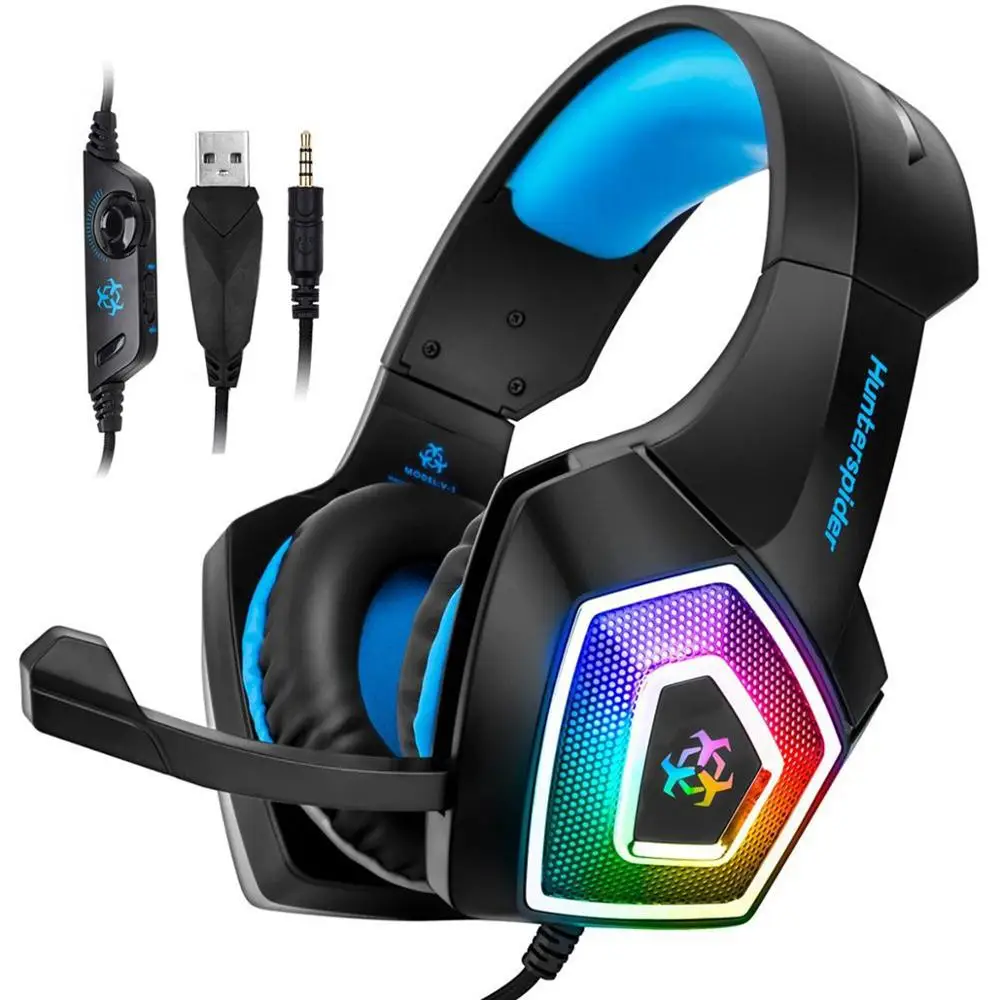 V1 стерео игровая гарнитура шлем объемный звук наушники с микрофоном светодиодный свет для ПК PS4 Xbox One игровой геймер - Цвет: Blue