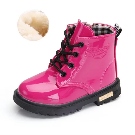 Зимние детские ботинки из искусственной кожи; водонепроницаемые ботинки martin; обувь для детей; зимние ботинки; брендовые резиновые ботинки для мальчиков и девочек; модные кроссовки - Цвет: fur  rose red