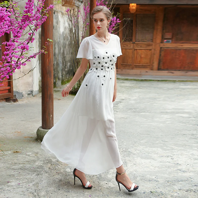 

VOA Plus Size White Silk Georgette Fairy Sexy V Neck Party Dress Korean High Waist Cute Women Long Dinner Dress ALX01801