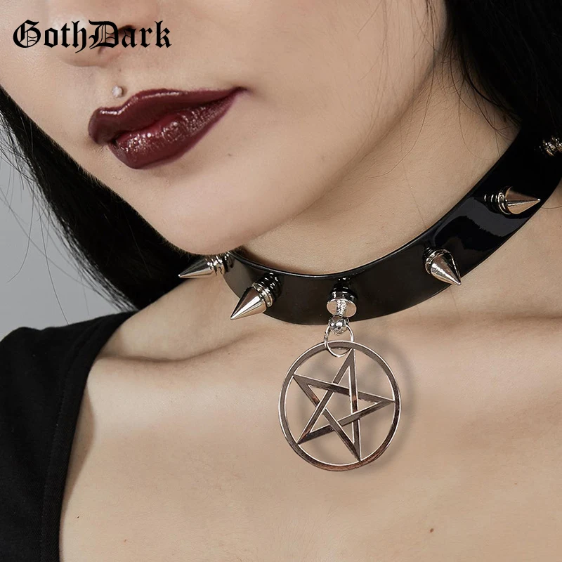 

Goth Dark Black Leather Gothic Choker Necklace Rivet Pendants Grunge Punk chocker pentagram Vintage Necklaces Harajuku Fashion