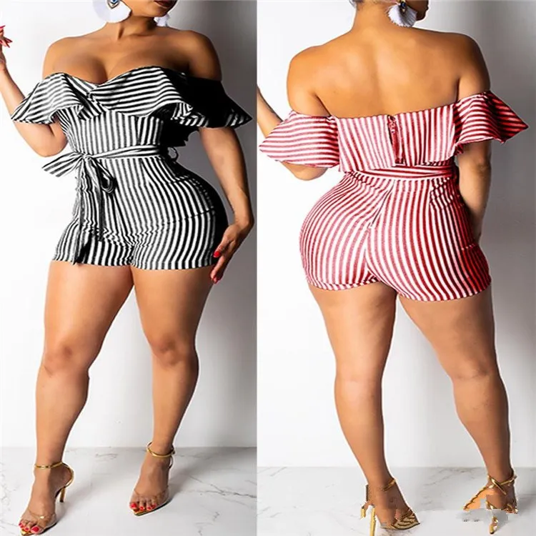 2019 New Off Shoulder Ruffles Striped Rompers Women Slash Neck Bow Sexy Jumpsuits Playsuit Casual Overalls 2019 New Off Shoulder Ruffles Striped Rompers Women Slash Neck Bow Sexy Jumpsuits Playsuit Casual Overalls
