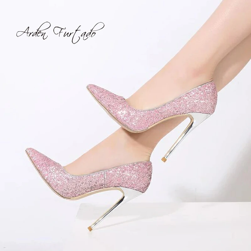 

Arden Furtado 2018 spring autumn new style shoes woman high heels 12cm sequined cloth stilettos pumps pointed toe party shoes 45