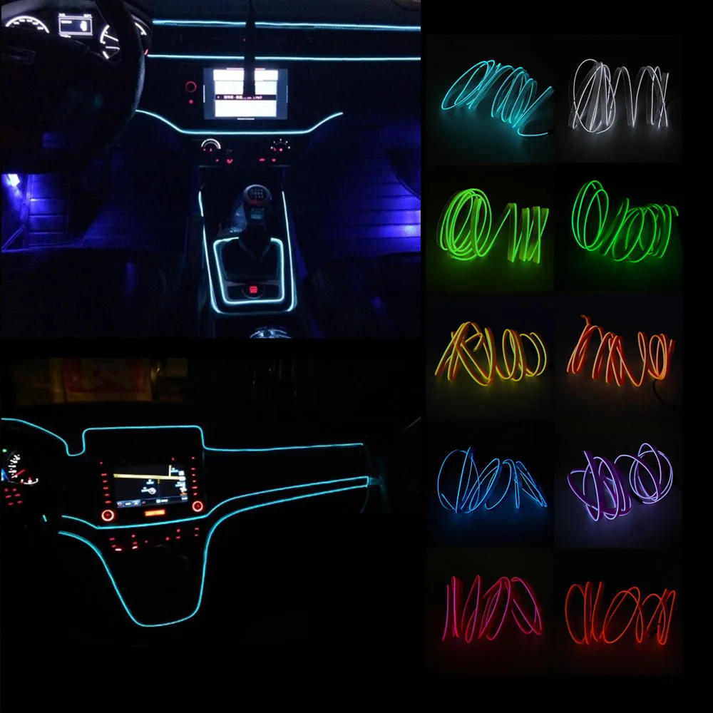

2m EL Wire Neon Lights 12V Flexible LED Strip Lights Auto Atmosphere Lamp Interior Lights for Car Decoration Universal