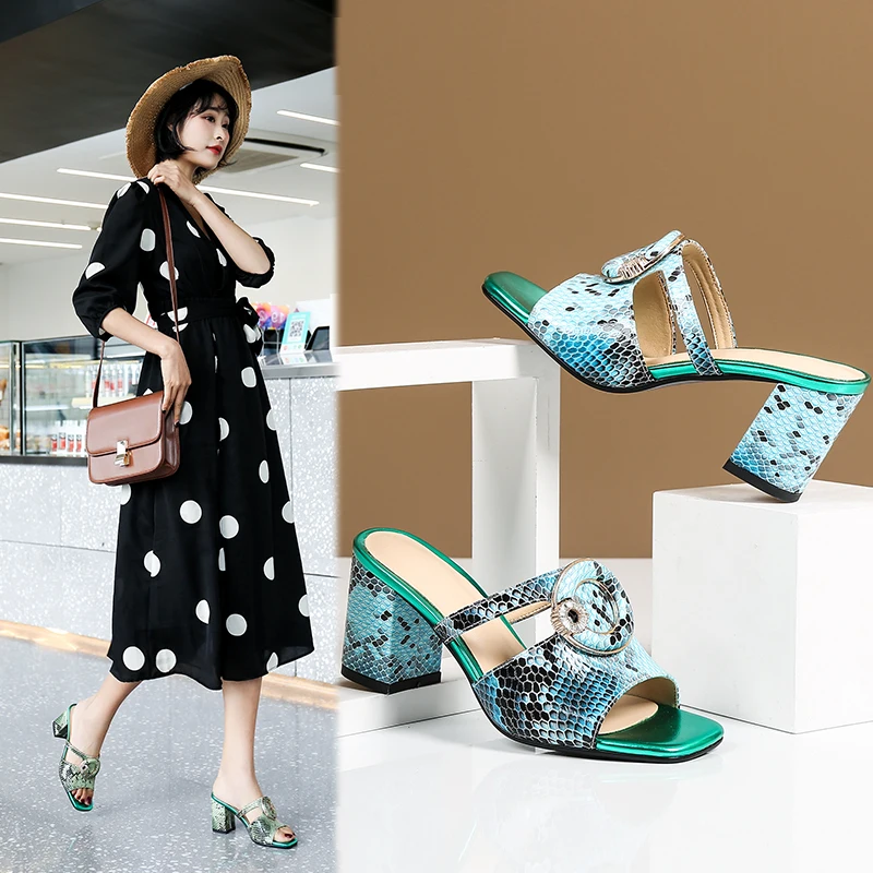 

Women's Slippers 22-26 cm feet length Genuine Leather high heel Hand-made thick snake pattern hot sale fashion Summer sandals