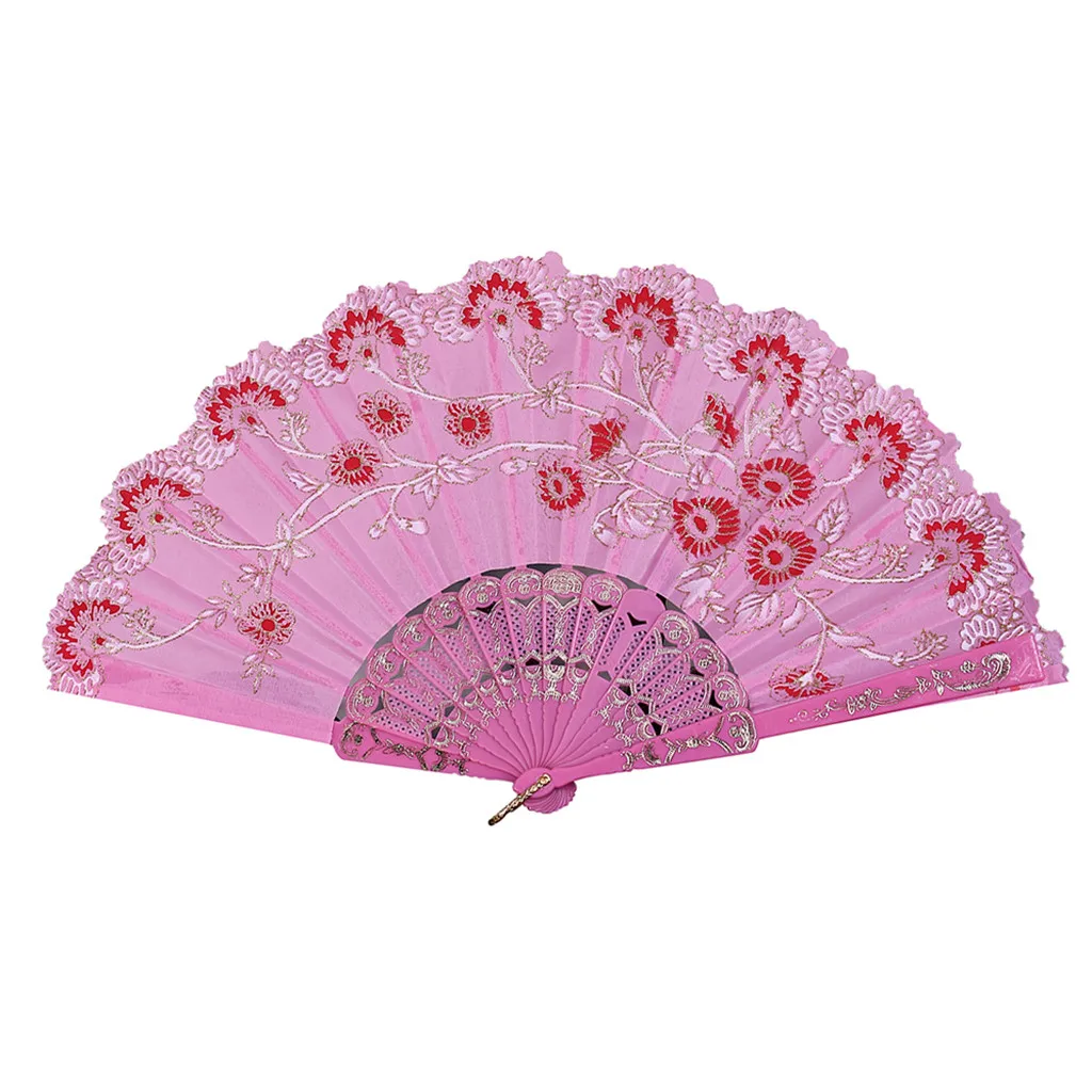 Цветочные веера, винтажная вышивка, китайский стиль, танец, свадьба, вечеринка, Ручной Веер, кружево, шелк, складной, держащий цветок веер, abanico, Прямая поставка - Цвет: Розовый