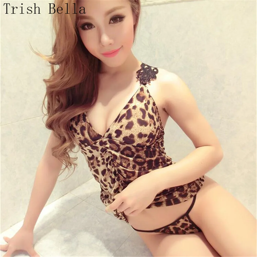 

new transparent Lace Hollow out Leopard Print Buttocks fold Pajamas sexy lingerie babydoll sexy underwear lenceria erotic porno