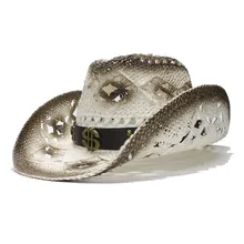 LUCKYLIANJI Ретро Женская Мужская Летняя Соломенная пляжная с широкими полями Ковбой Западный Женская Ковбойская шляпа полый доллар знак кожаный ремешок(58 см