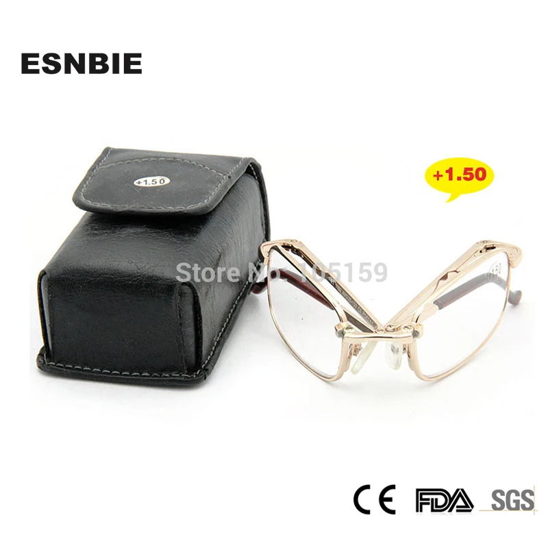

ESNBIE Foldable Design Gold Color Mini Folding Reading Glasses 1.50 Presbyopia Glass Folder with Black Belt Case