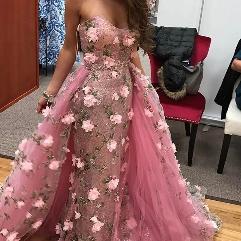 

Gorgeous Long Elegant Formal Party Dress Gowns Floral Appliques robe de soiree Pink Off Shoulder Evening Gown Removable Skirt