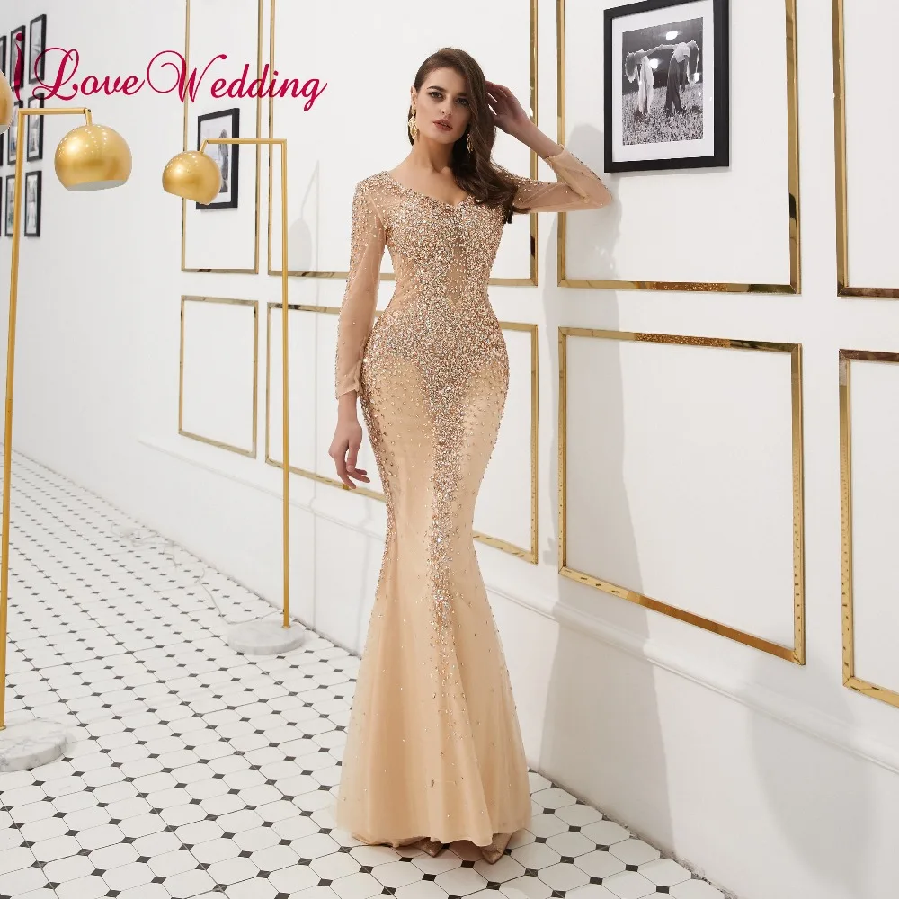ILoveWedding сексуальный v образный Вырез Роскошные золотые с отделкой бисером на