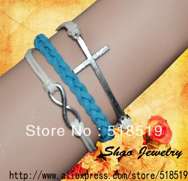 12PCS/LOT!Free Shipping!Woven Blue Suede White Strings Alloy Cross Infinity Bracelet Fashion Personlized Ladies Jewelry A-830 |