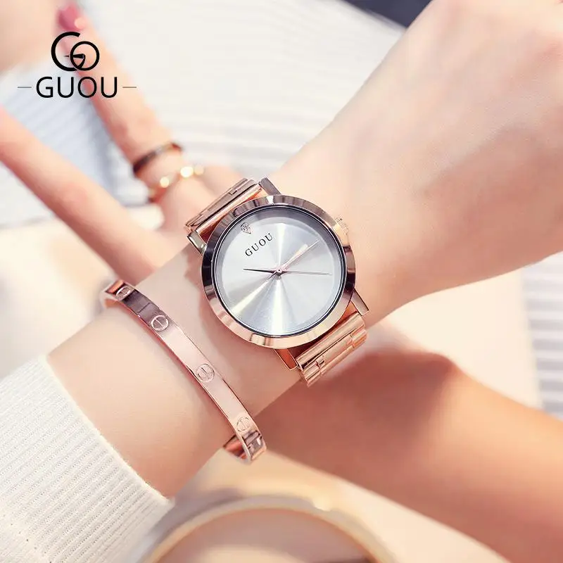 Роскошные GUOU Janpanese ядро розовое золото полный Нержавеющая сталь не исчезают аналоговые кварцевые Для женщин женские свадебные наручные часы Наручные часы - Цвет: White