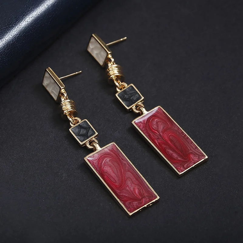 Korean Style Simple Design Earrings For Women Girls Red Stone Dangle Earrings Geometric Earrings Trendy Temperament Pendientes