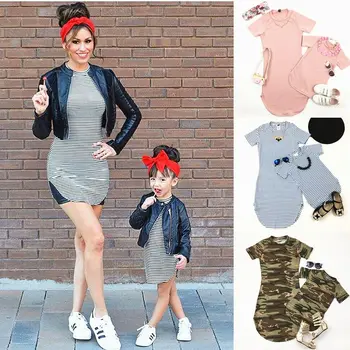 

2018 New Mother Daughter Dresses Fashion Short Sleeve Striped Family Clothes Women Girls Dresses Family Clothing Girls Dresses