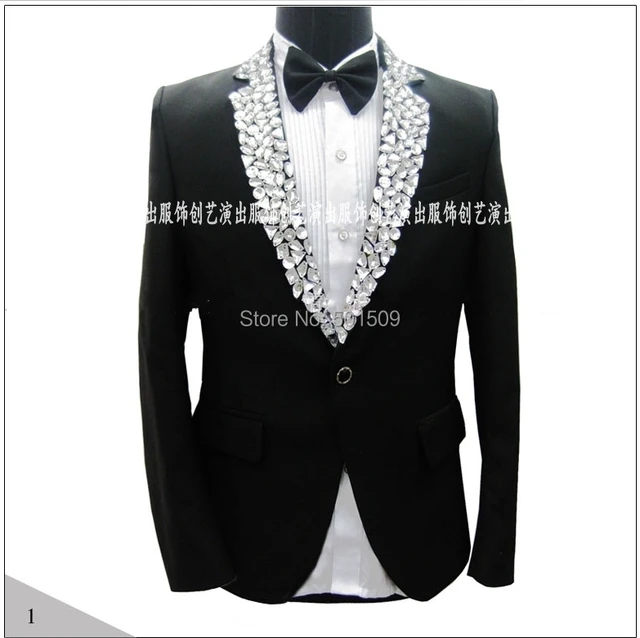 100 real photos! mens hand sewing rhinestone beading collar tuxedo