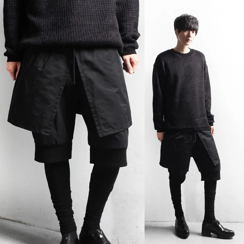 

Avant Garde Design Men's Trendy Personality Culottes Hairstylist Fake Three Pieces Trousers Skinny Layered Pencil Pants