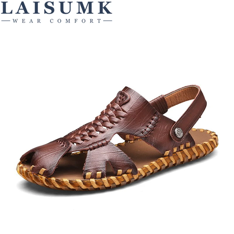 

LAISUMK Fashion Summer Anti-slip Sole Soft Leather Flat Man Sandal Slip-on Slippers Breathable All-match Style Casual Shoes