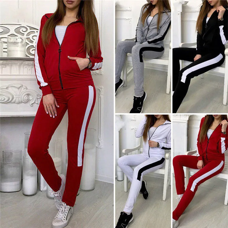 Fashion tracksuit for women 2018 women's Casual Stripe Long Sleeve Zipper Pullove Sport Tops+Long Pants Set chandal mujer N30 (8)