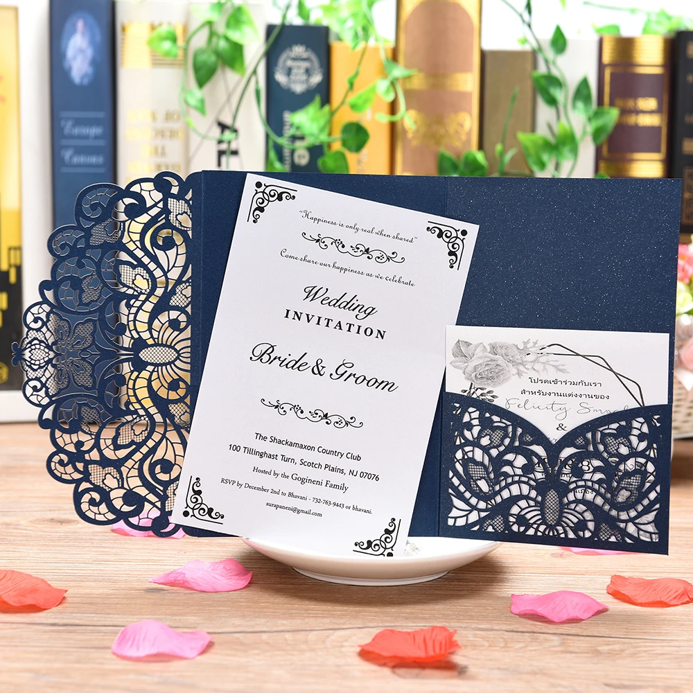  5 Sets Wedding Invitation Cards Laser Cut Floral Design Invites Pocket for Bridal Showers Engagemen - 33054135878