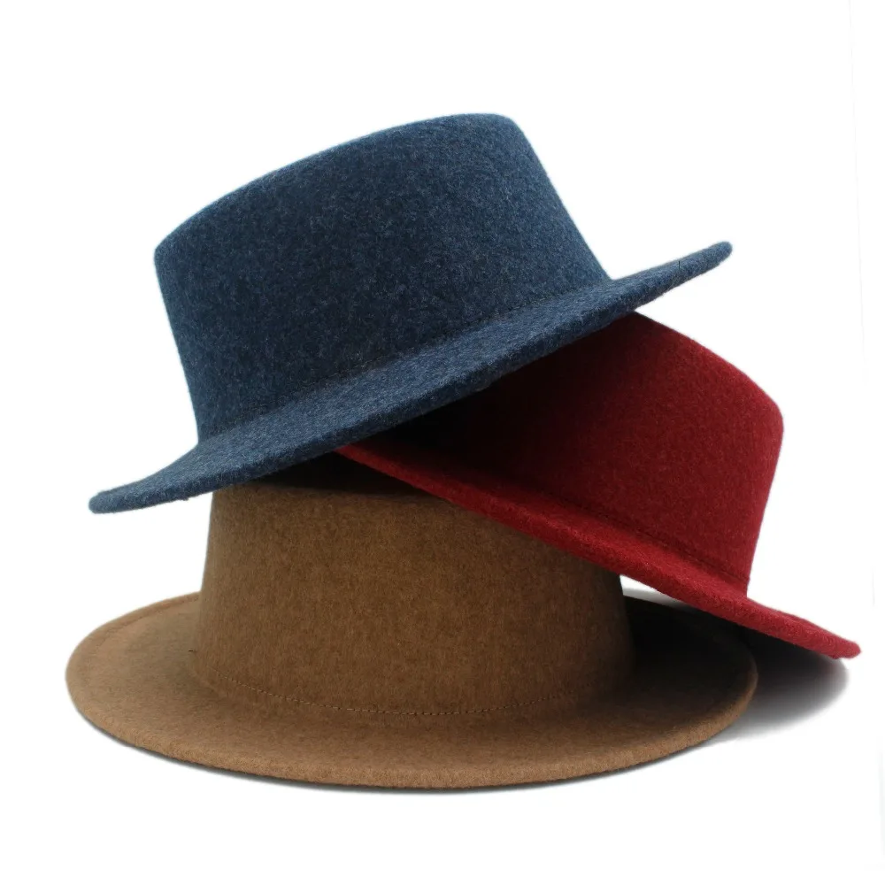

100% Wool Boater Flat Top Hat For Women's Men' Felt Wide Brim Chapeu de Feltro Gambler Prok Pie Fedora Hat