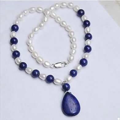 Бесплатная доставка bjc 00003 белый Akoya Pearl/Lapis Lazuli ожерелье с подвеской # Лидер продаж