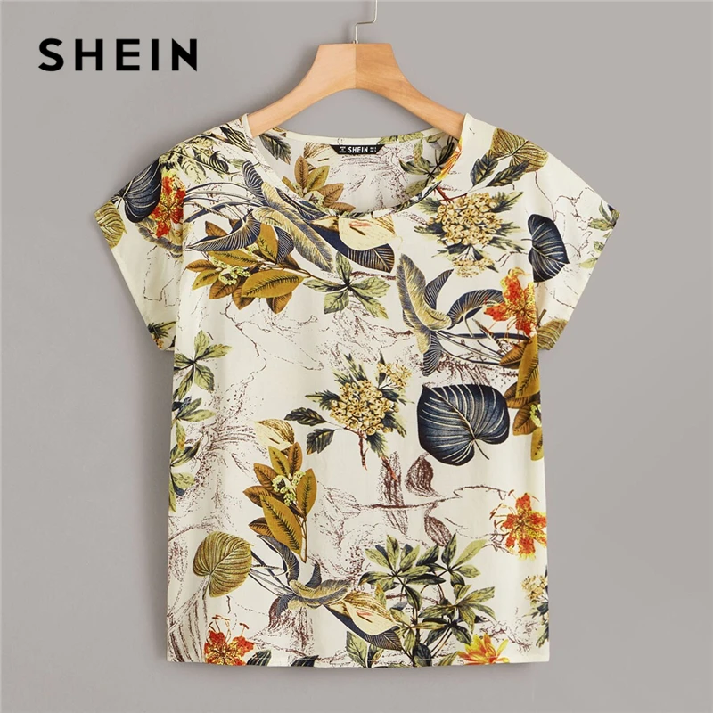 SHEIN الأزرق كشكش التعادل الرقبة الرباط الزهور إدراج قصيرة انتفض كم بلوزة المرأة الصيف عمال أعلى مكتب سيدة الصلبة البلوزات