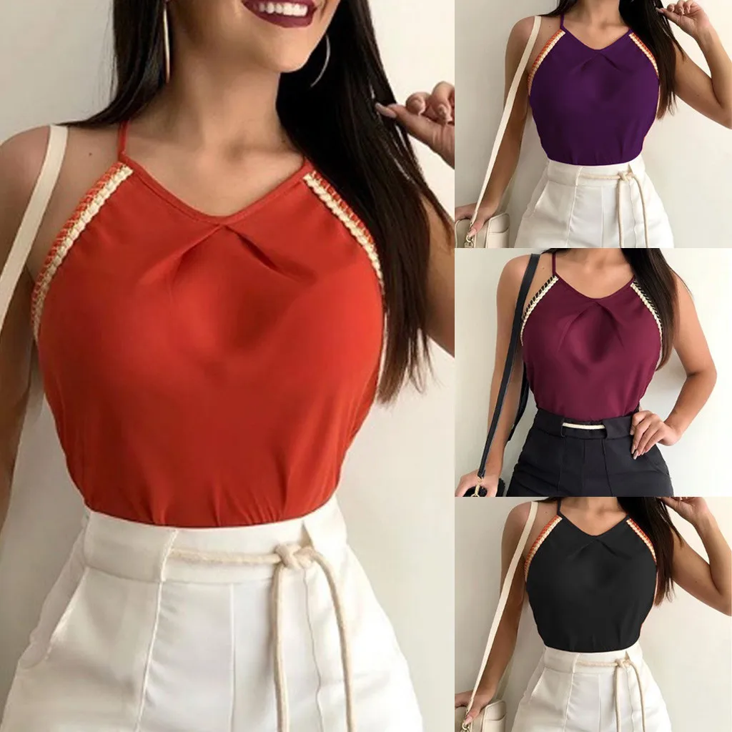 

Women's fashion sleeveless V-neck casual style camisole female ladies ruffled solid color woven shirt top vest debardeur femme