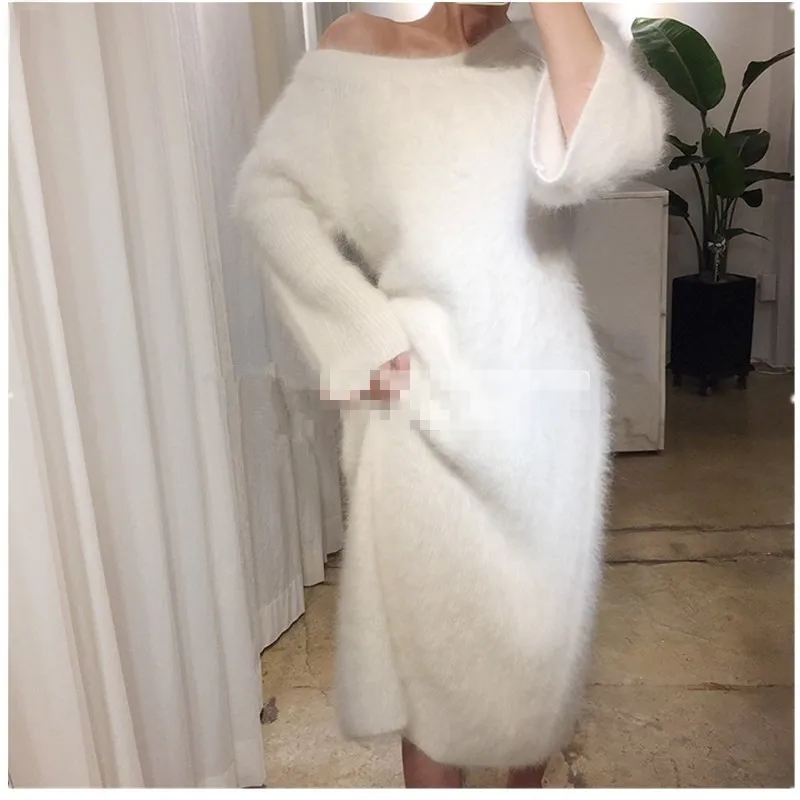 

Luxury Women Fluffy Angola Mink Cashmere Pullovers Knitted Sweater Womens Dress Wholesale Custom Size Sweter Free Shipping Z554