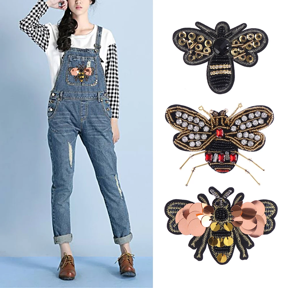 

2Pcs Rhinestone Bee Beaded Patches 3D Handmade Sew on Sequin Patch For Clothing Beading Applique Cute Bags Embroidery Patches