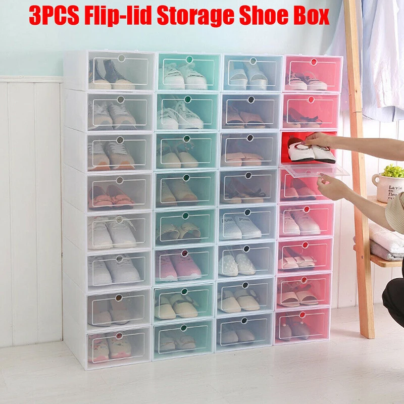 

3Pcs Home Shoe Organizer Plastic Storage Clear Box Stackable Foldable Independent Boxes Shoes Organization New