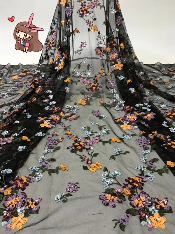 

super quality SYJ-5224 beautiful flower lace fabric Newest Embroidered tulle mesh fabric with sequins