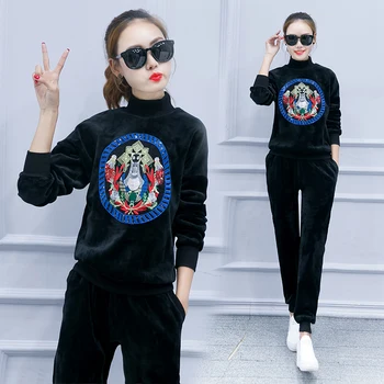 

korean fashion women new thickening turtleneck collar fleece velvet leisure suit 2017 winter two-piece clothing set pullover top