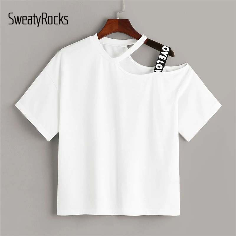 

SweatyRocks White Lettering Tape Detail Asymmetrical Neck Top Streetwear Short Sleeve 2019 Summer Casual Women Style T-Shirts