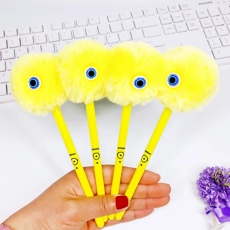 

Cartoon Plush ball gel pen Cute Minion 0.5 mm black ink neutral pen office school writing supplies Promotional Gift