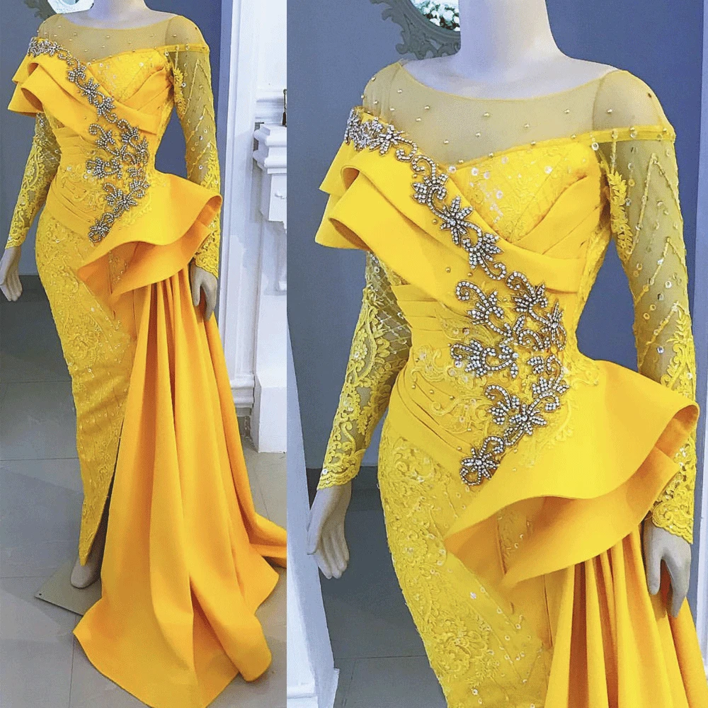 SuperKimJo African Evening Dresses Long Mermaid Lace Applique Beaded Luxury Yellow Evening Gown Formal Dress Robe De Soiree SuperKimJo African Evening Dresses Long Mermaid Lace Applique Beaded Luxury Yellow Evening Gown Formal Dress Robe De Soiree