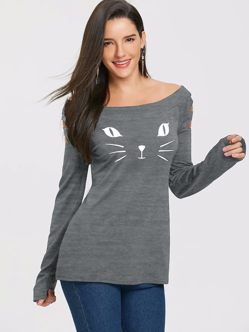 VESTLINDA Women T Shirts Casual Autumn Cat Clothes Womens Tops Cat Face Print Long Sleeve Ripped T-Shirt Women's Clothing Tshirt 27