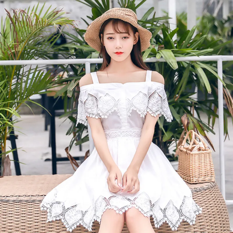 JIBAIYI Summer Elegant Lace Sleeveless Women Dress Sexy Off Shoulder White Sundress Female Casual High Waist Slash Neck Vestido JIBAIYI Summer Elegant Lace Sleeveless Women Dress Sexy Off Shoulder White Sundress Female Casual High Waist Slash Neck Vestido
