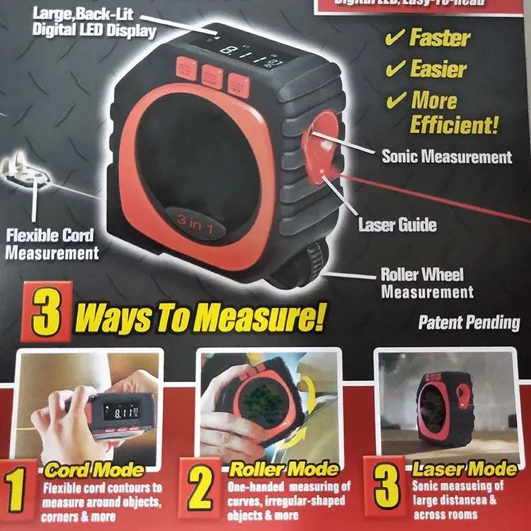 UK 3 In 1 Measure Digital King Tape Measure String Sonic Roller Mode Tool Laser
