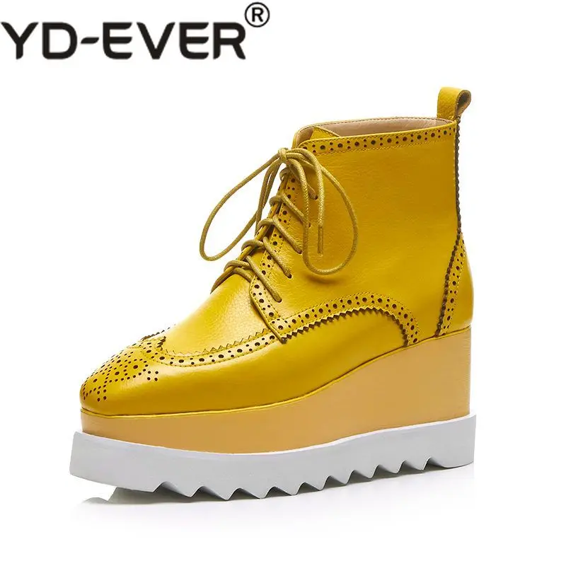 

Fashion Cow Leather Platform Large Size Lace Up Runway Square Toe High Heels Wedges Winter Boots Increased Ankle Boots