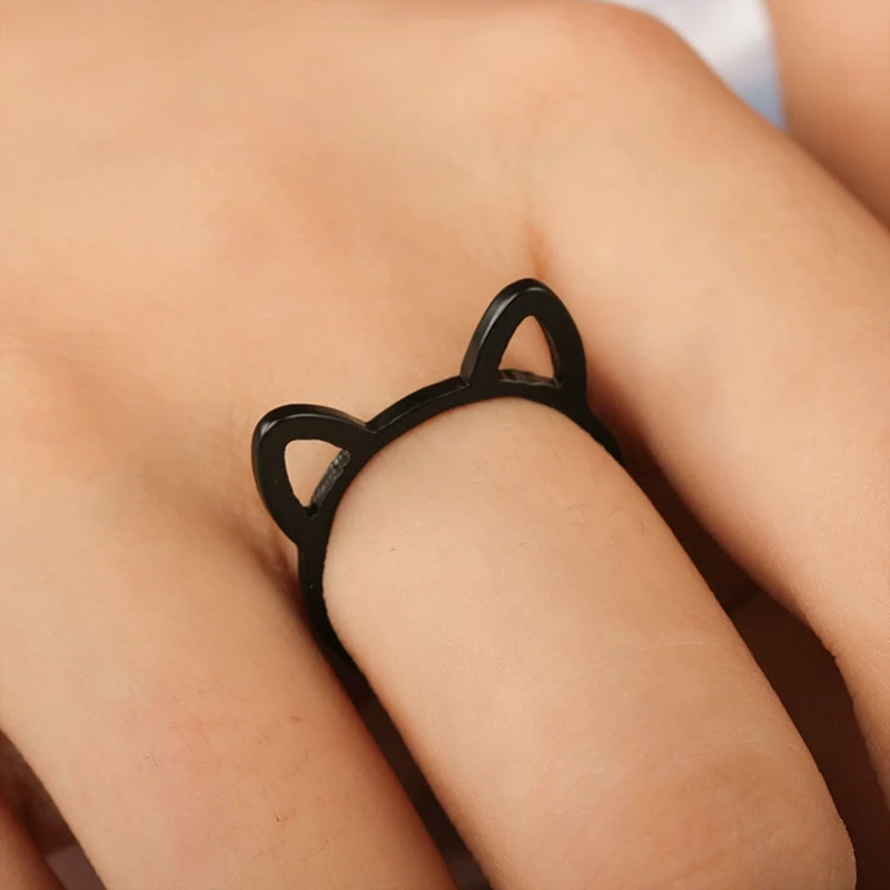 

New Gold Cute Cat Ears Simple Rings for Girls Silver Trend Cartoon Animal Stainless Steel Black Rings for Women