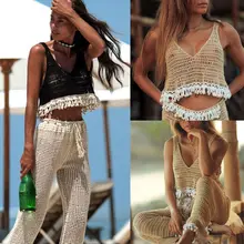 Летний женский сексуальный вязаный укороченный топ без рукавов с v-образным вырезом