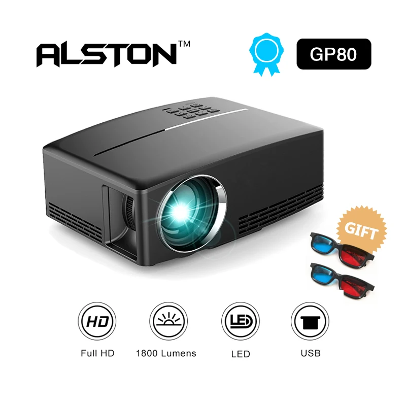 

ALSTON 1800 Lumens 4K HD Projector LED Video Proyector GP80 Portable Smart Projectors (Optional GP80UP Android 6.01 OS ,WiFi)
