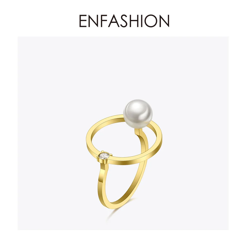 ENFASHION кольцо с жемчугом, Кристаллами, геометрическим узором, золотого цвета, из нержавеющей стали, милые кольца на палец для женщин, аксессуары, ювелирные изделия RB4009