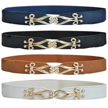 

Women Pretty Elastic Thin Flower Leather Narrow Waistband Gold Metal Buckle Stretch Corset Waist Belt