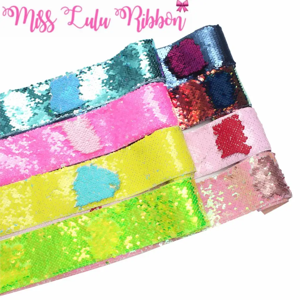 

3"75mm Double Color Reversible Sequin Ribbon Neon Pink Green Navy Yellow DIY Wedding Gift Bowknot Hair Band Making 25yards/roll