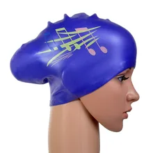 Free shipping Musical note printed Waterproof Silicone Swim Cap / Hat for Girls Ladies Women Long Hair Swim Cap dark blue PD569