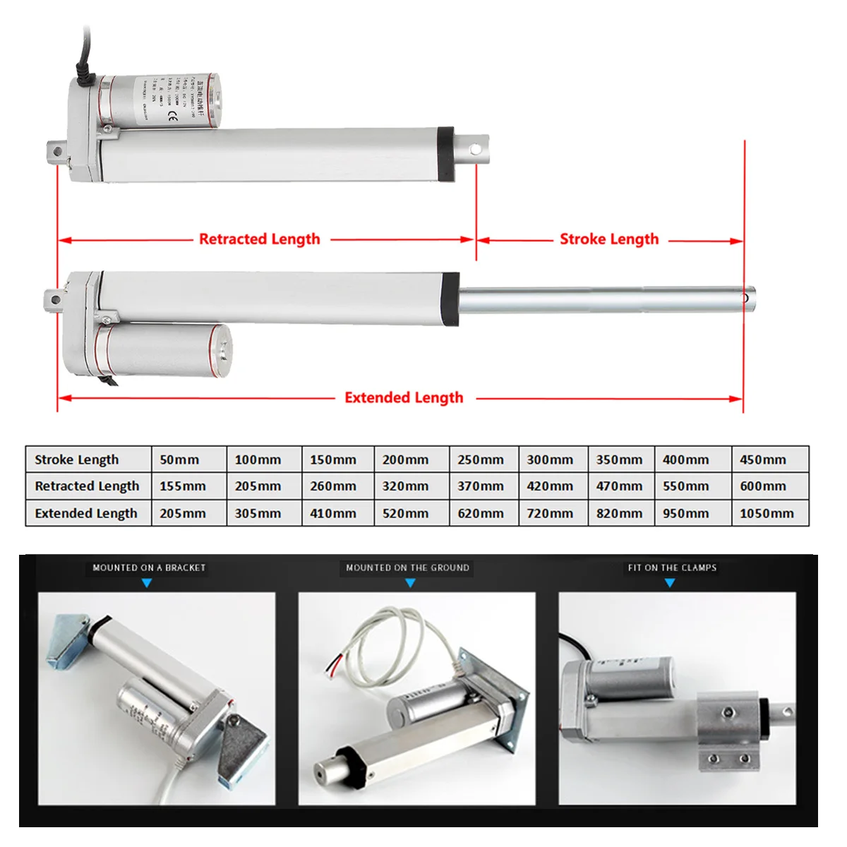 DC 12V 50-300mm 200N Stroke Tubular Motor Linear Actuator Motor